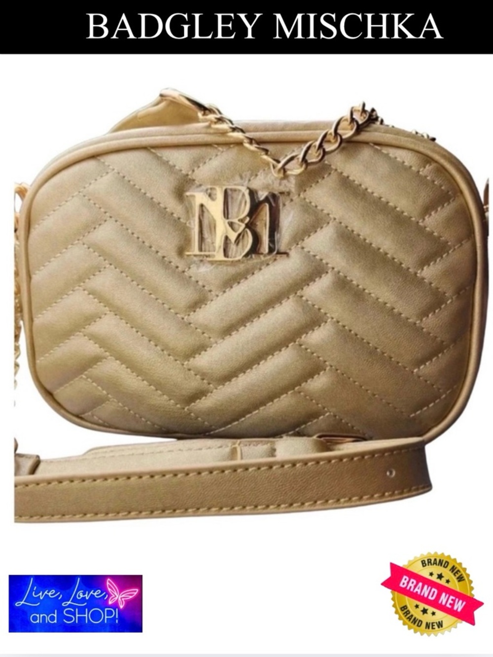 BADGLEY MISHKA Gold Quilted Crossbody Handbag, NWT